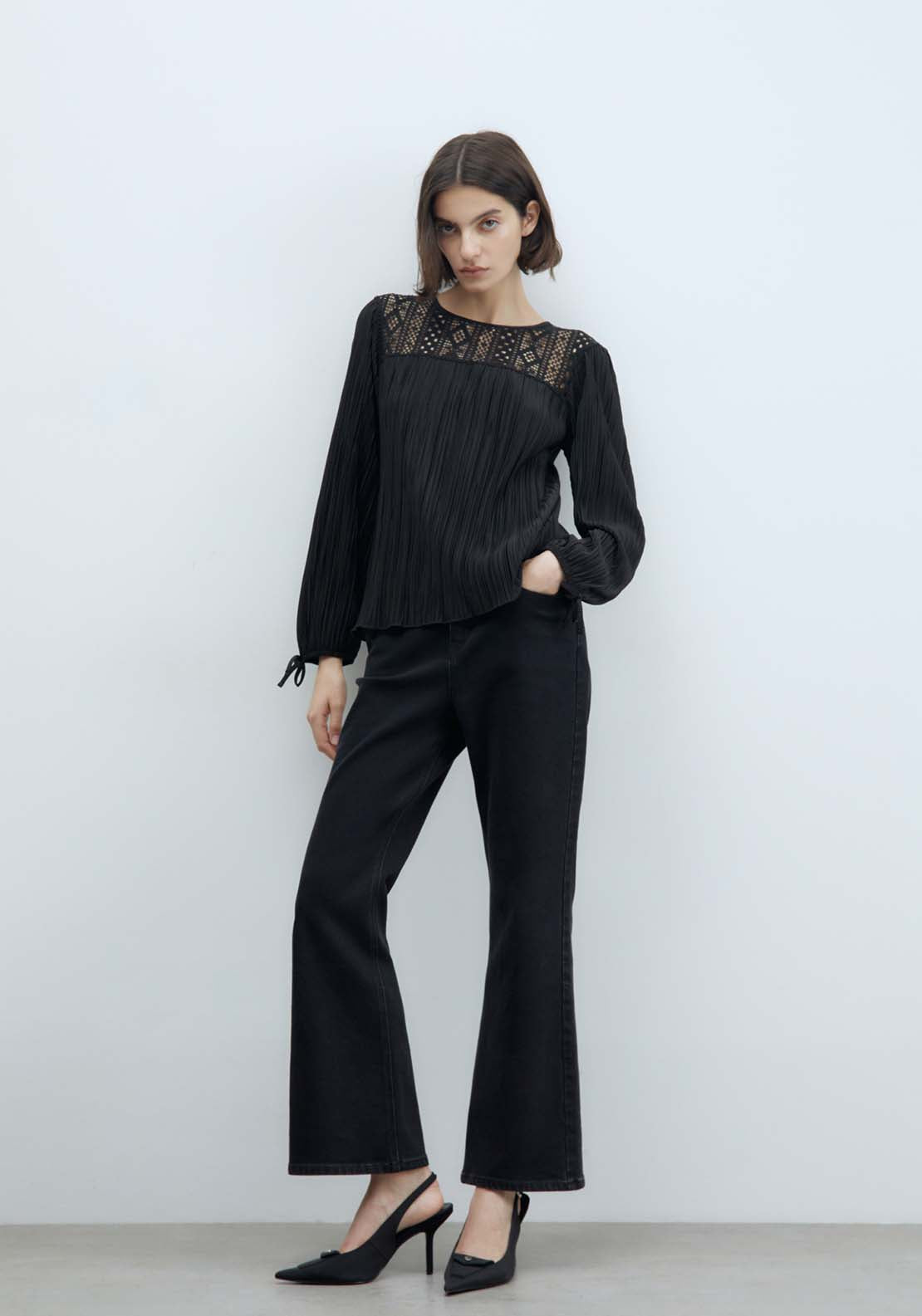 Sfera Pleated Romantic Long-Sleeved Top - Black 2 Shaws Department Stores