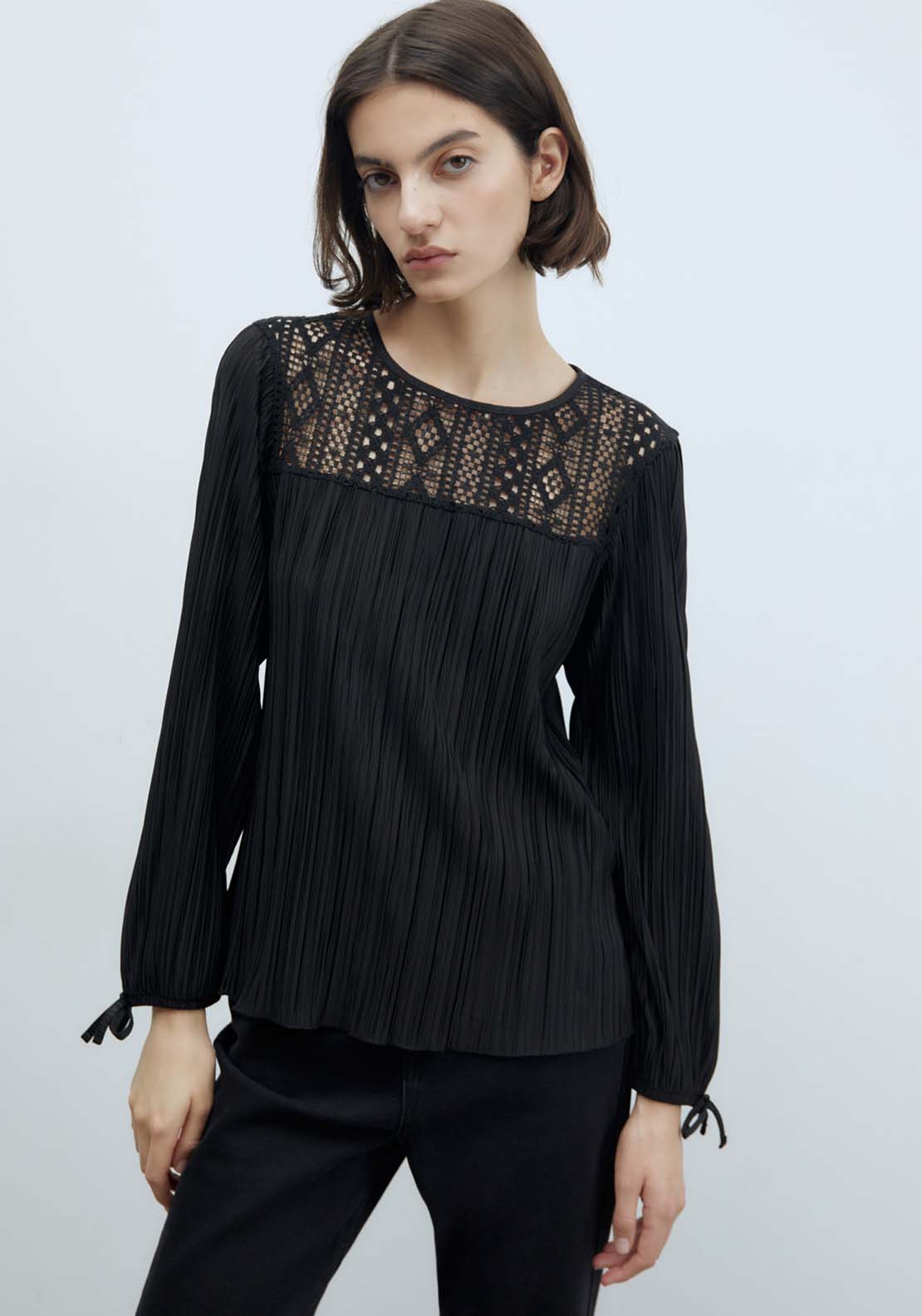 Sfera Pleated Romantic Long-Sleeved Top - Black 1 Shaws Department Stores