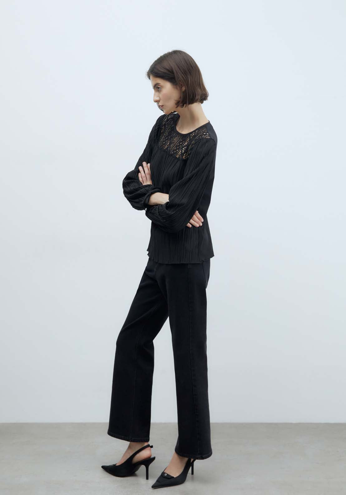 Sfera Pleated Romantic Long-Sleeved Top - Black 3 Shaws Department Stores