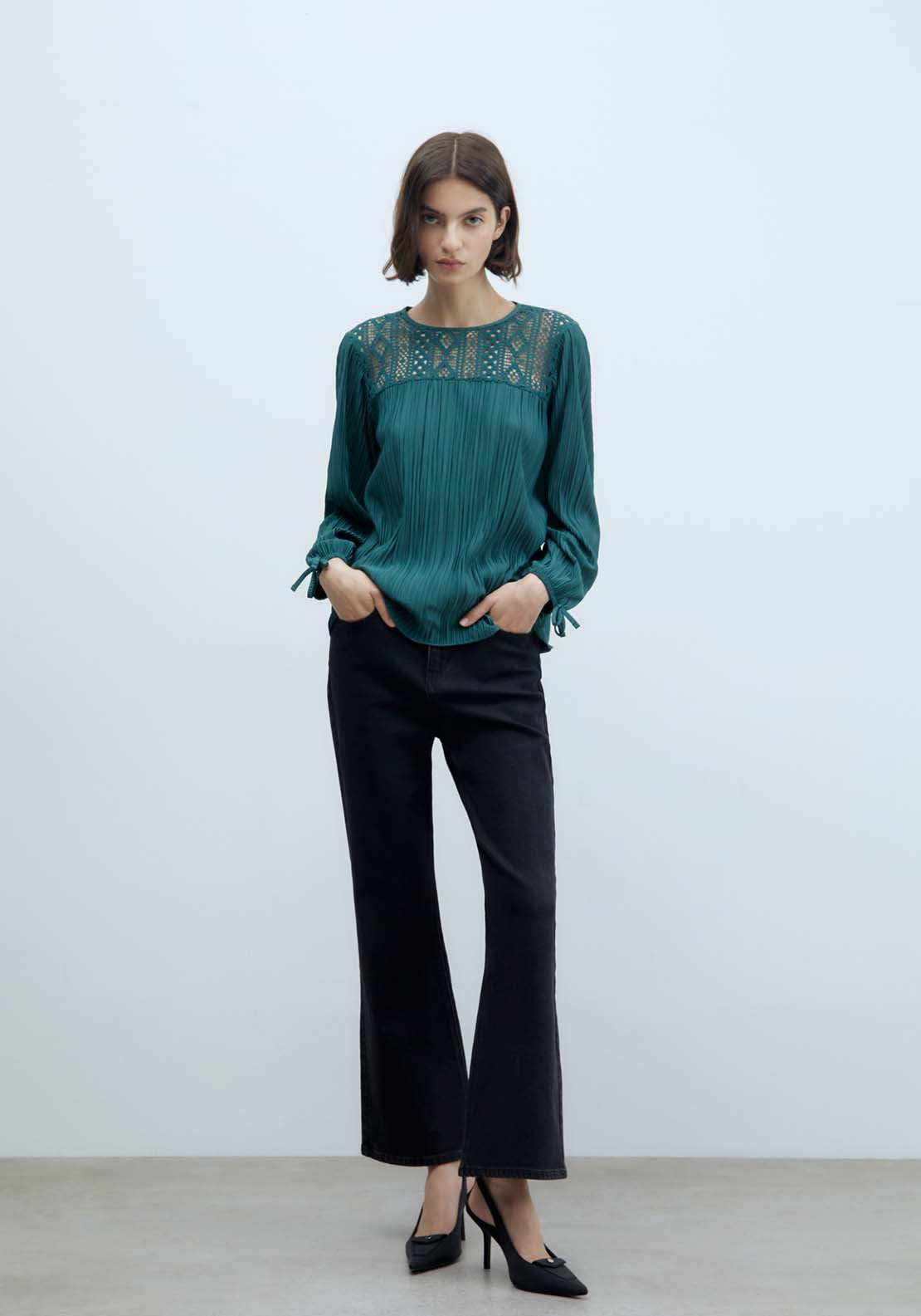 Sfera Pleated Romantic Long-Sleeved Top - Green Acid 3 Shaws Department Stores