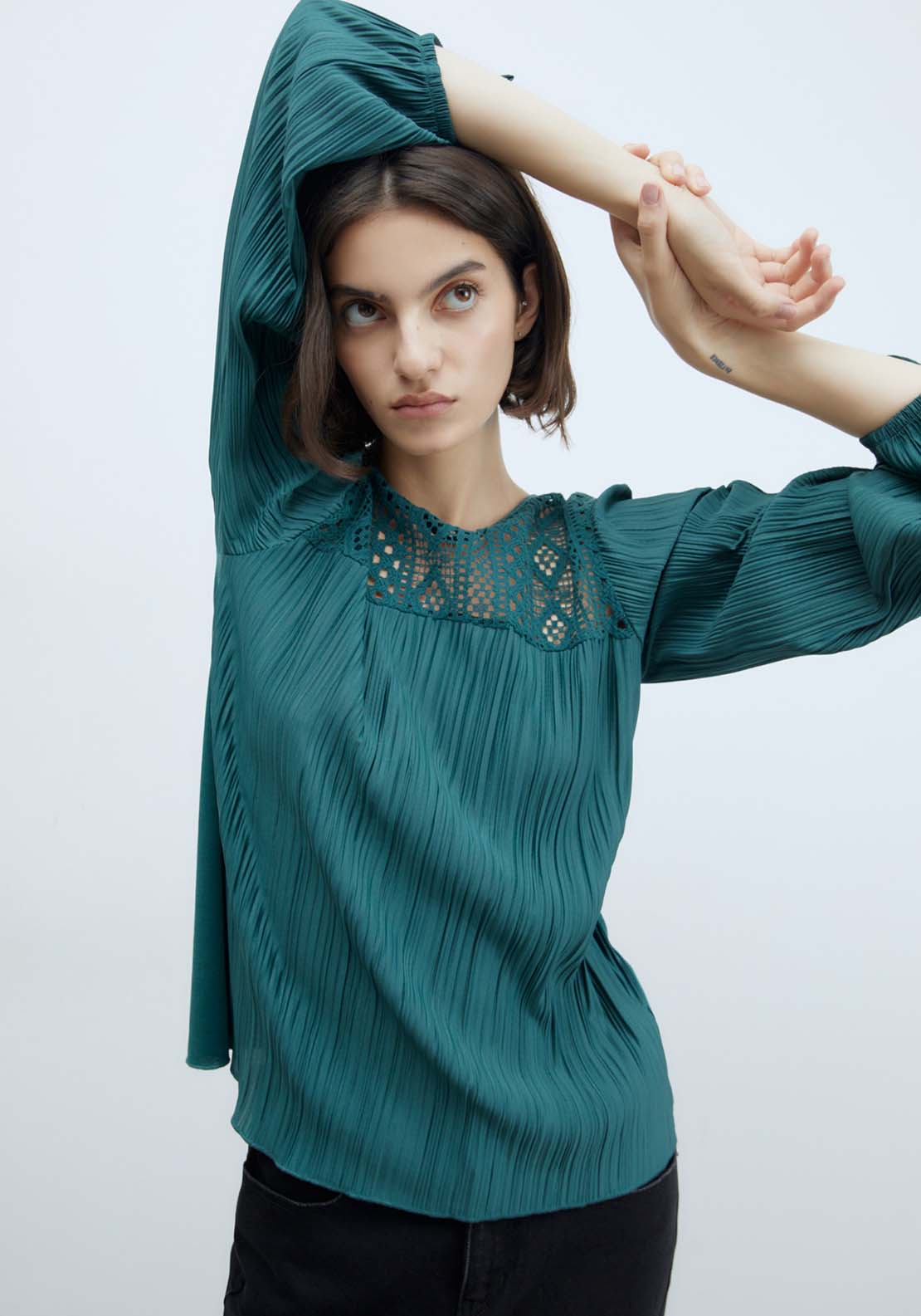 Sfera Pleated Romantic Long-Sleeved Top - Green Acid 1 Shaws Department Stores
