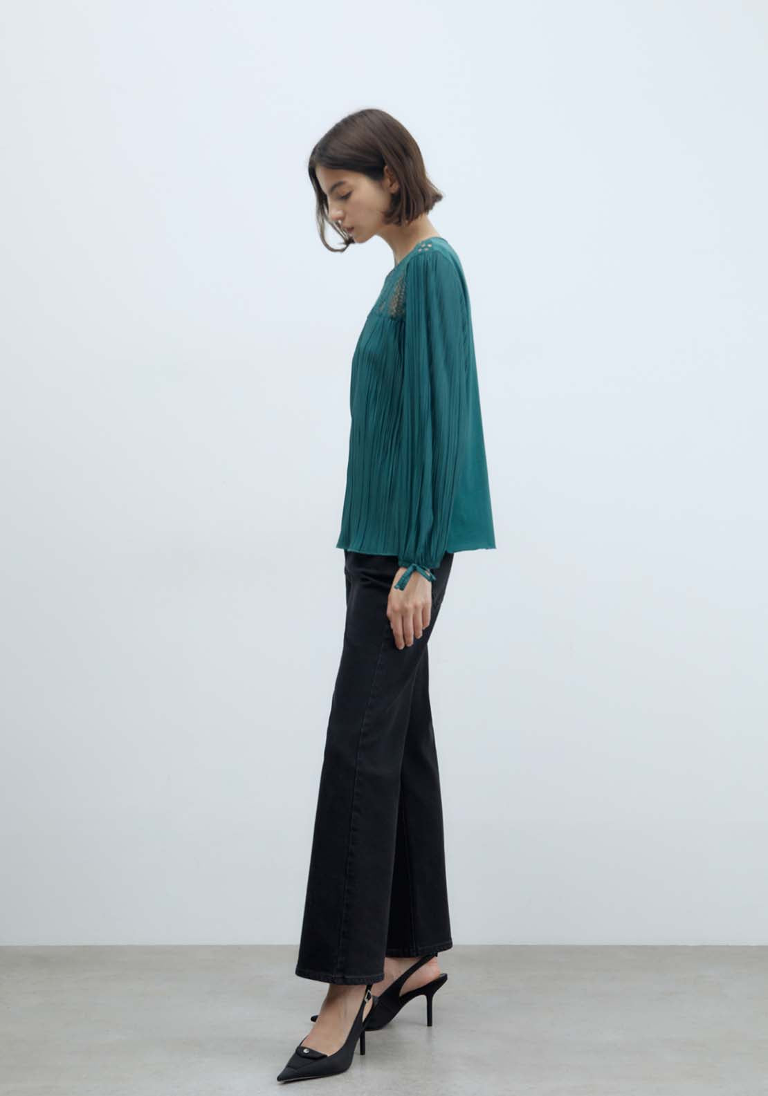 Sfera Pleated Romantic Long-Sleeved Top - Green Acid 4 Shaws Department Stores
