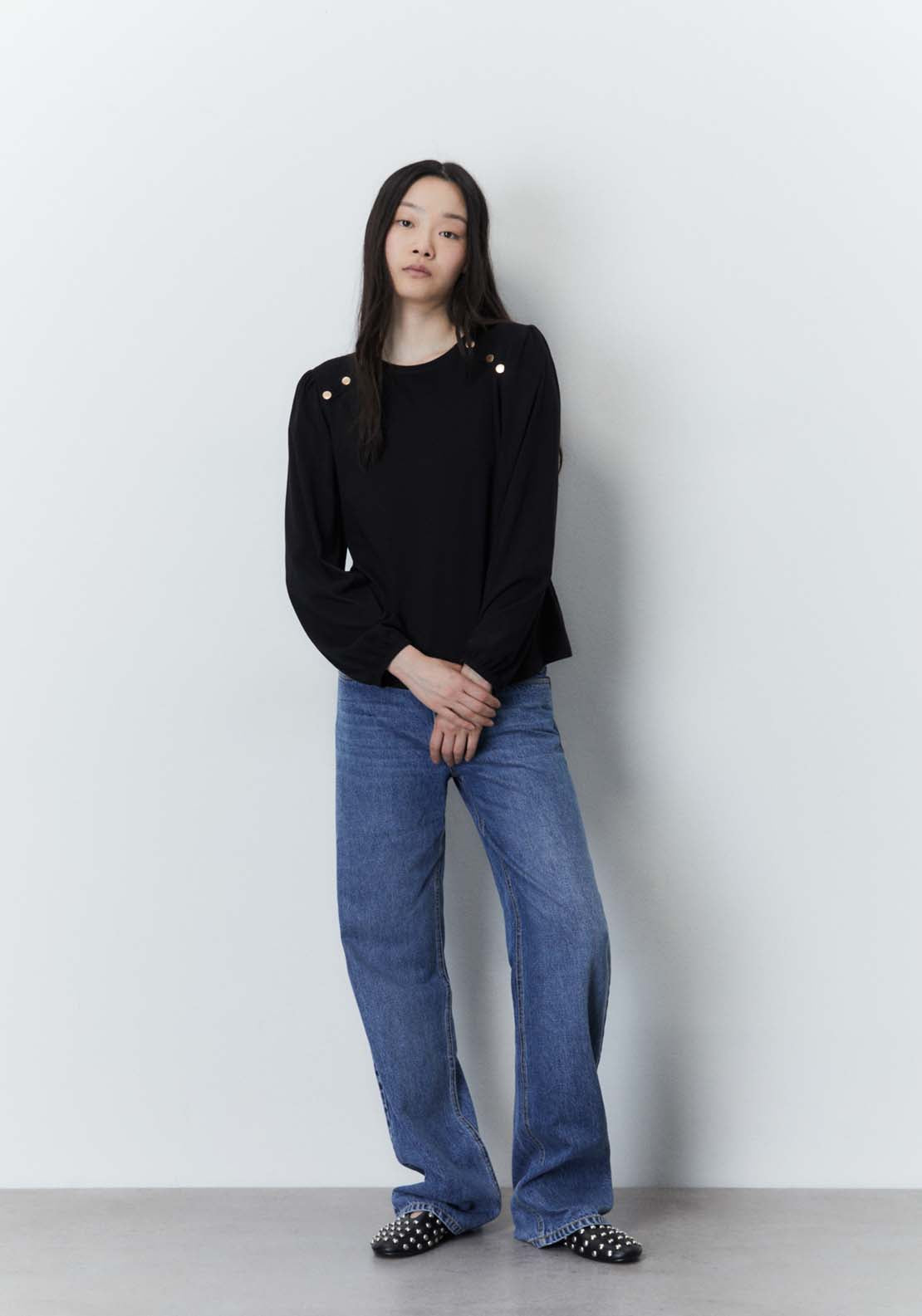 Sfera Plain long-sleeved T-shirt Top - Black 1 Shaws Department Stores
