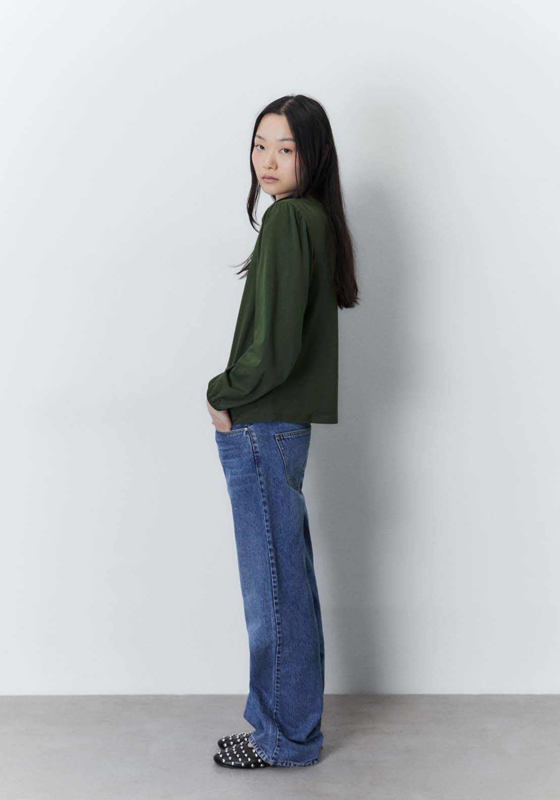 Sfera Plain long-sleeved T-shirt Top - Green 2 Shaws Department Stores