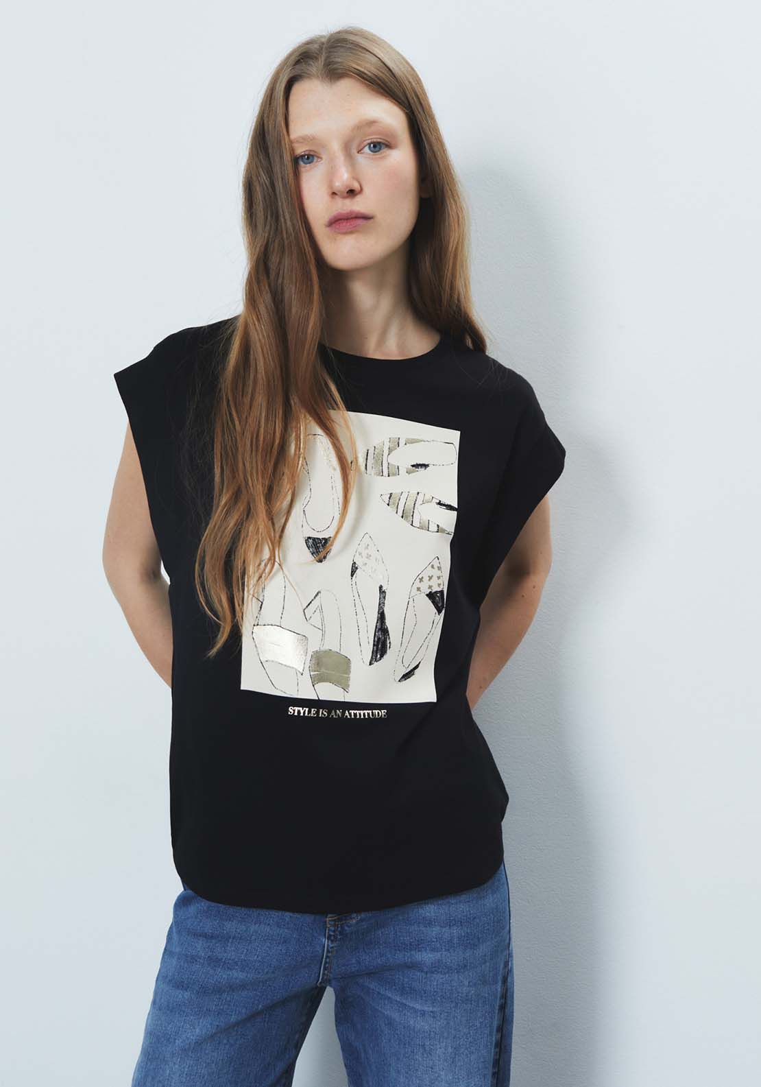 Sfera Foil Print T-Shirt - Black 1 Shaws Department Stores