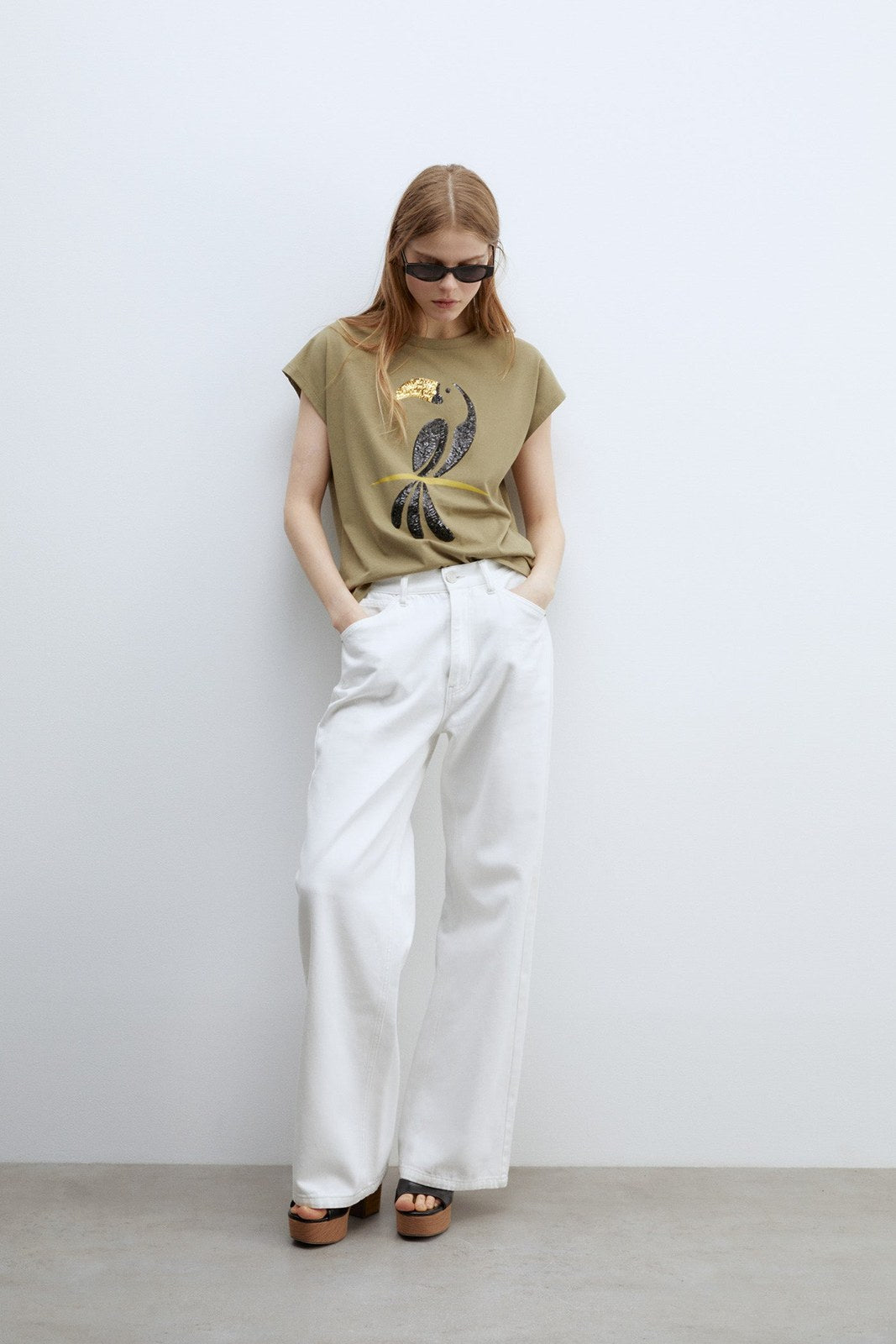 Sfera Sequins graphic print T-shirt - Khaki 3 Shaws Department Stores