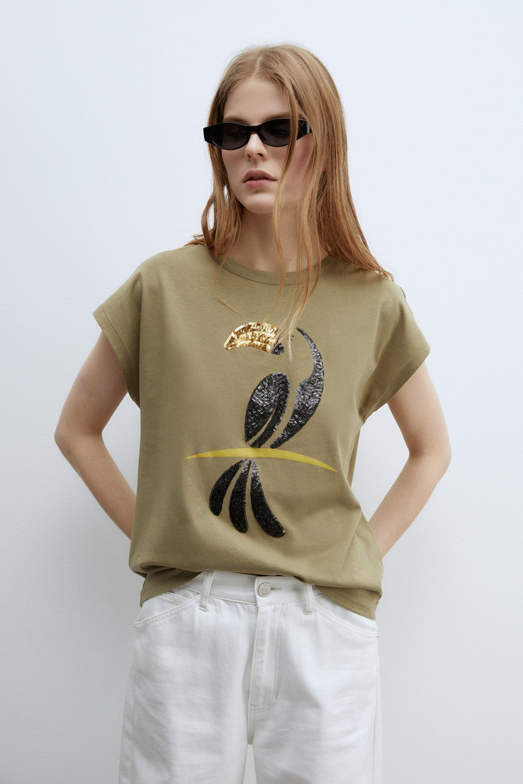 Sfera Sequins graphic print T-shirt - Khaki 1 Shaws Department Stores