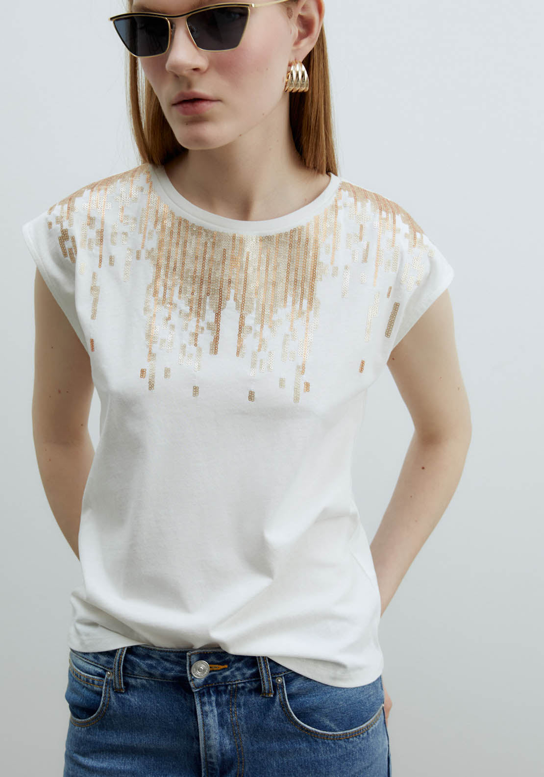 Sfera Sequined Chest Top - White 2 Shaws Department Stores