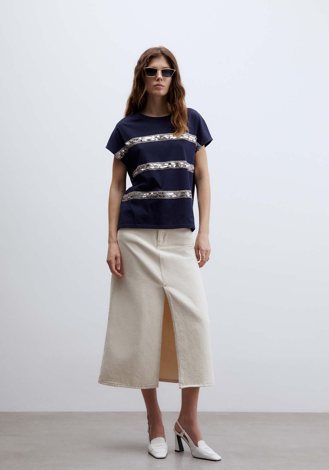 Sfera Short Sleeve T-Shirt With Sequin Detail - Blue 1 Shaws Department Stores