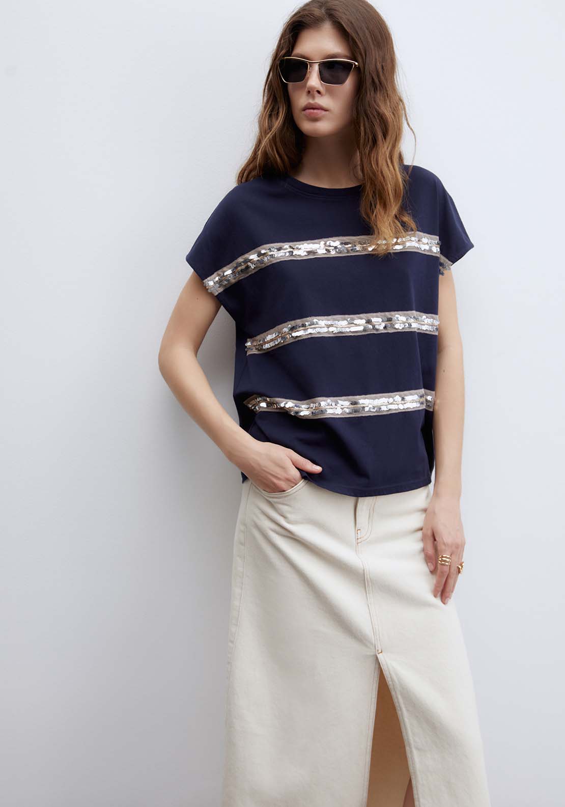 Sfera Short Sleeve T-Shirt With Sequin Detail - Blue 4 Shaws Department Stores