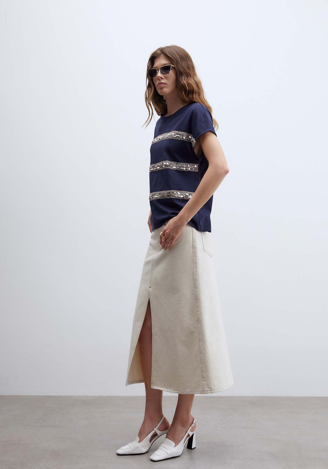 Sfera Short Sleeve T-Shirt With Sequin Detail - Blue 3 Shaws Department Stores
