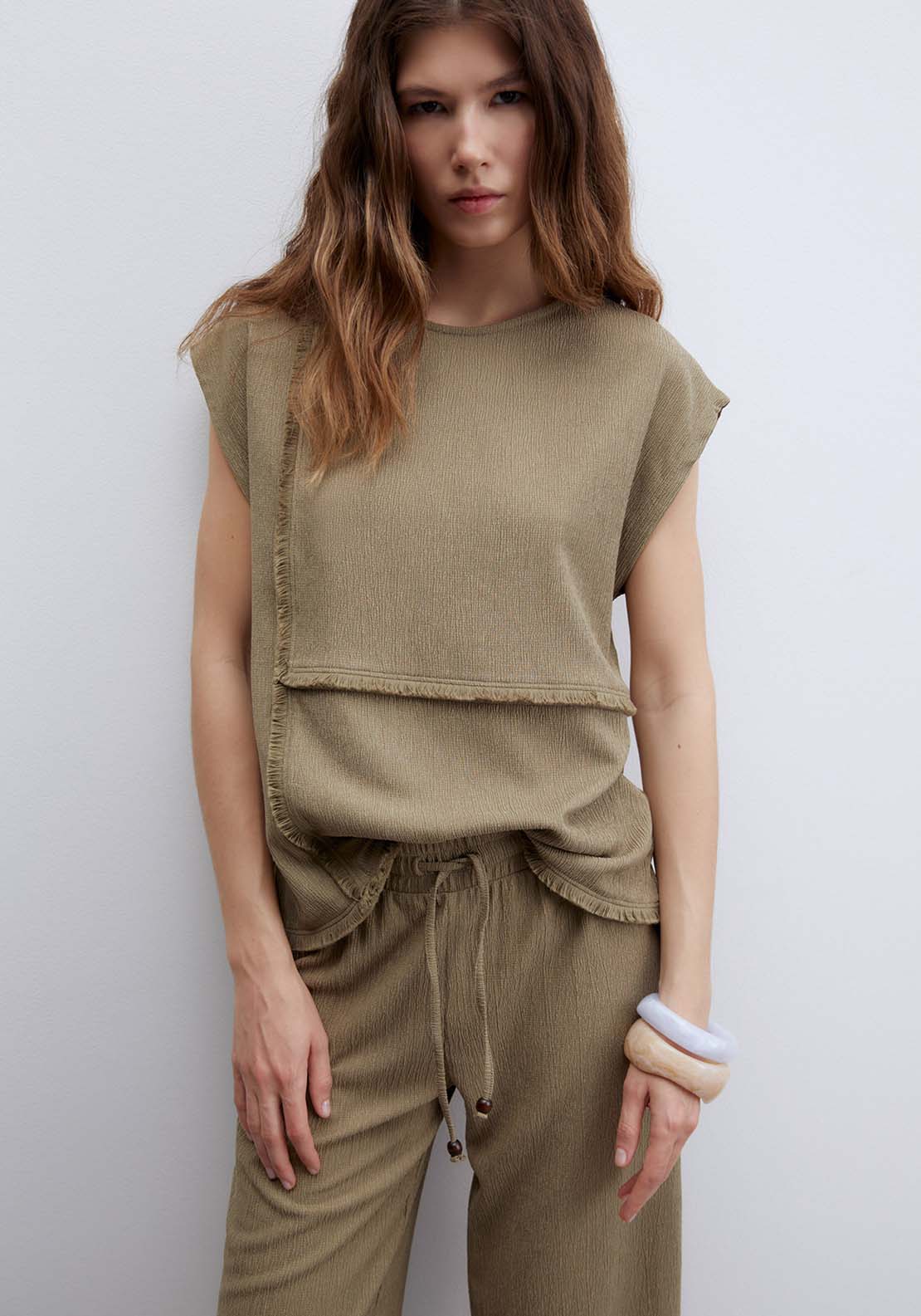 Textured Fringe Top - Beige