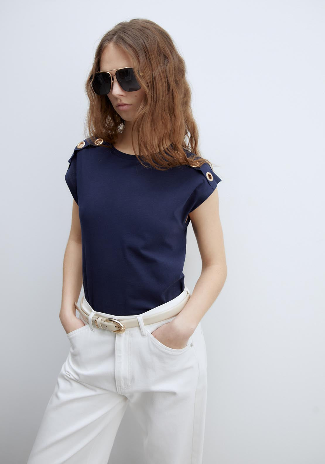 Sfera Metallic Eyelets T-Shirt - Navy 1 Shaws Department Stores