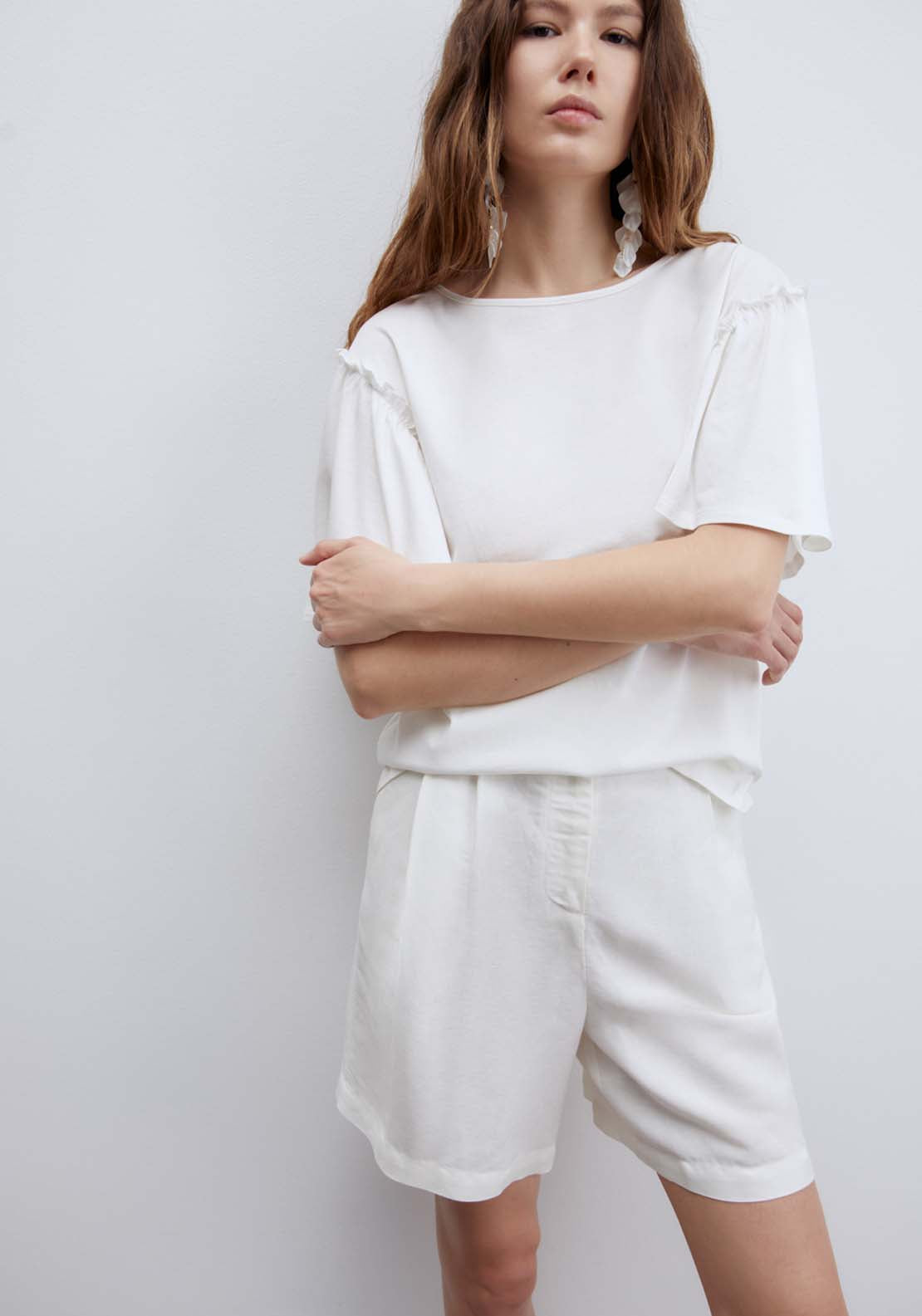 Short Sleeve Printed Ruffle Top - White