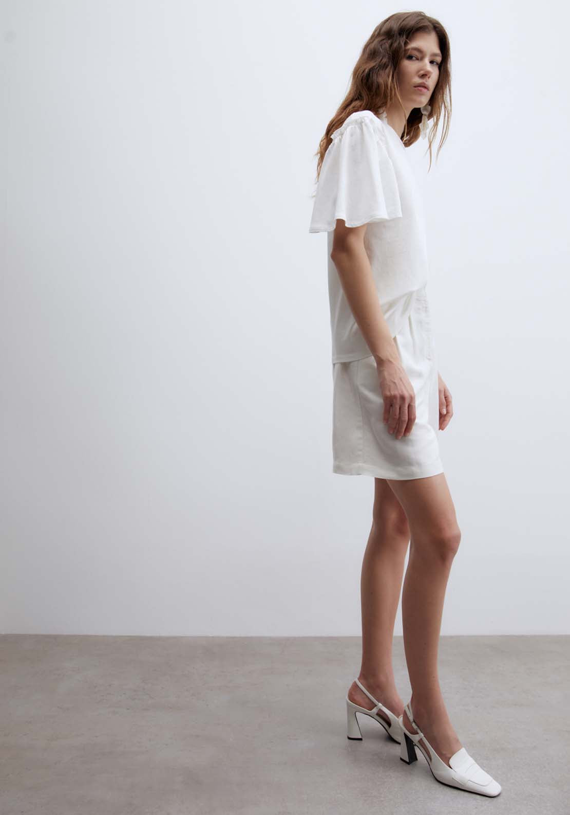 Short Sleeve Printed Ruffle Top - White