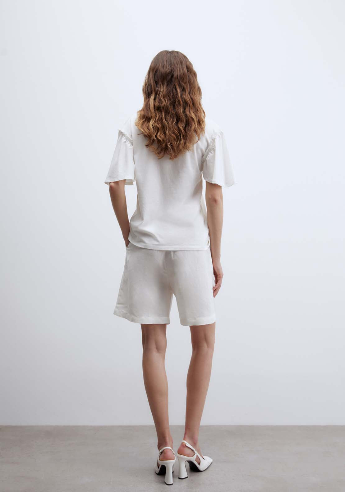 Short Sleeve Printed Ruffle Top - White