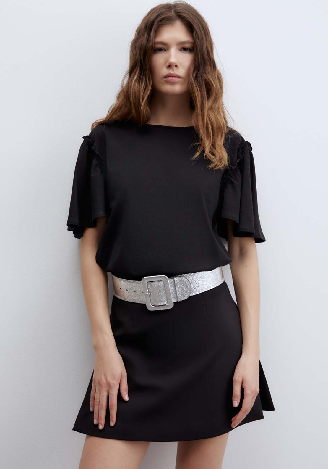 Short Sleeve Printed Ruffle Top - Black