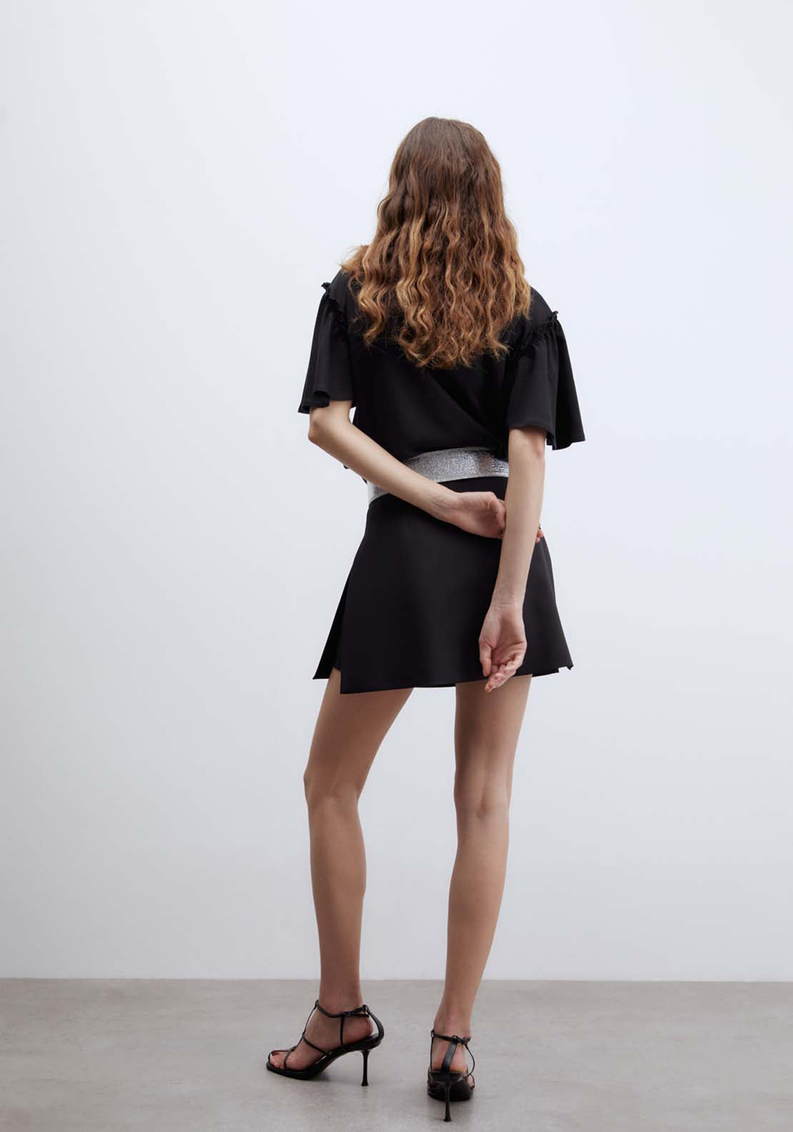 Short Sleeve Printed Ruffle Top - Black