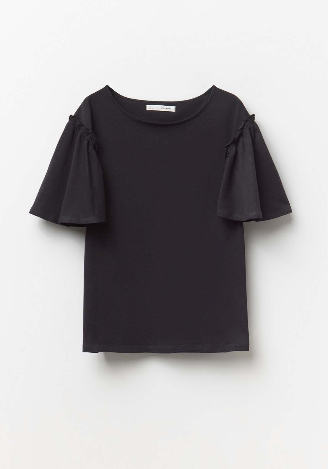 Short Sleeve Printed Ruffle Top - Black