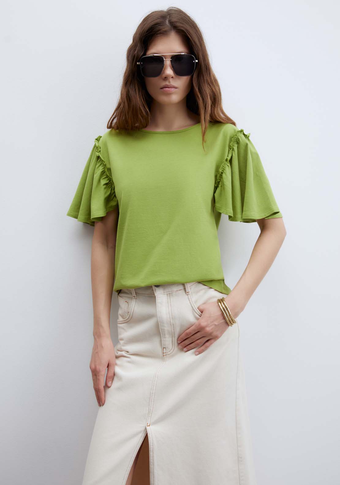 Short Sleeve Printed Ruffle Top - Green
