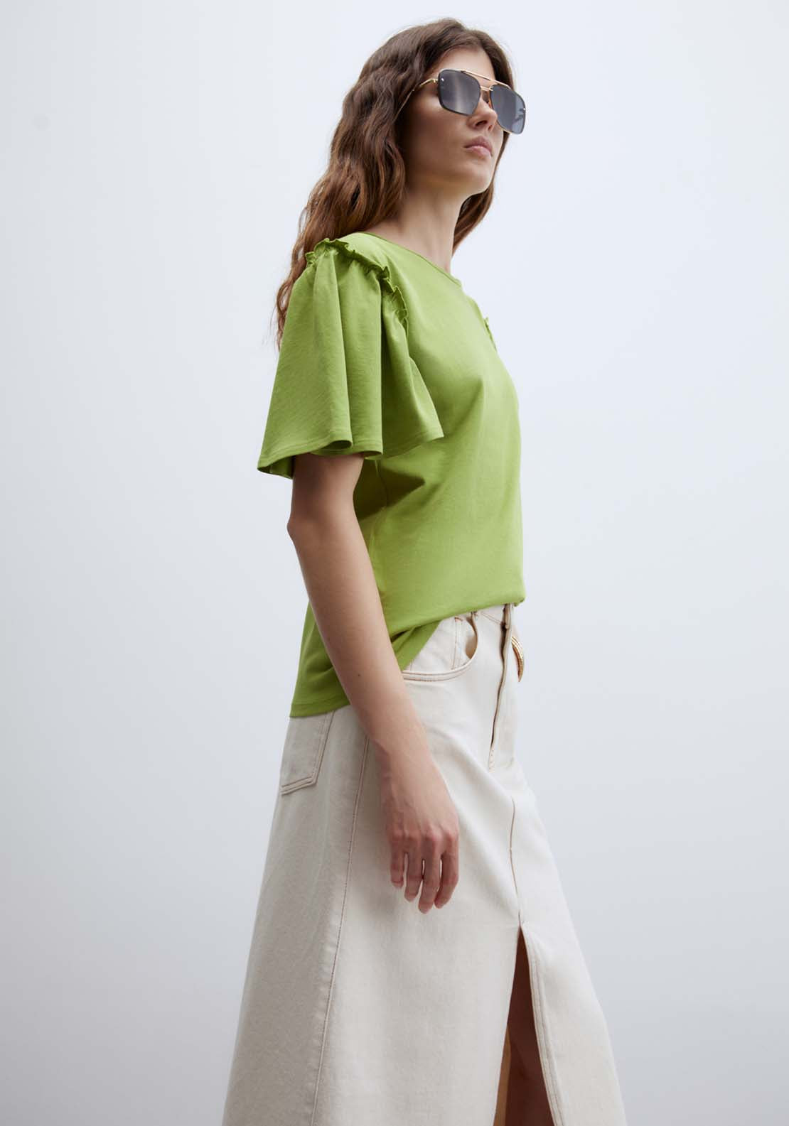 Short Sleeve Printed Ruffle Top - Green