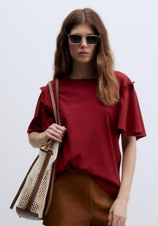Sfera Short Sleeve Printed Ruffle Top - Red 1 Shaws Department Stores