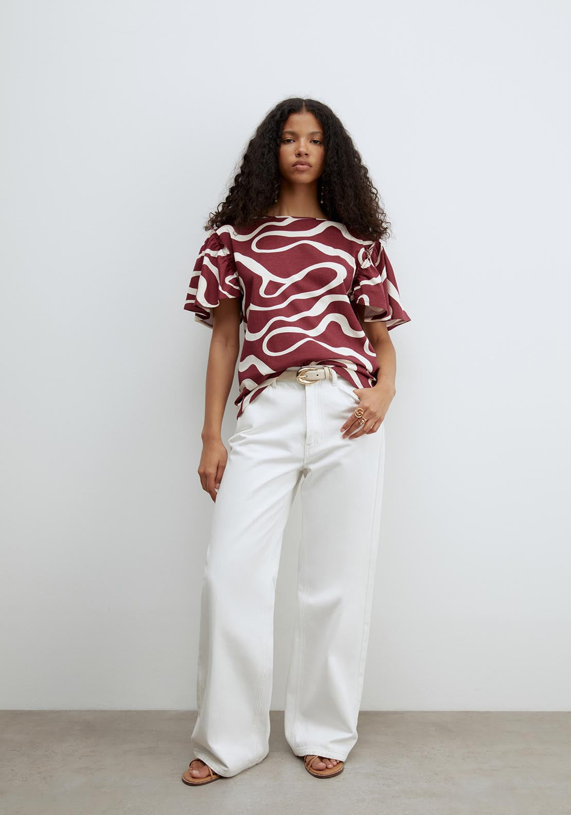 Sfera Short Sleeve Printed Ruffle Top - Burgundy 5 Shaws Department Stores