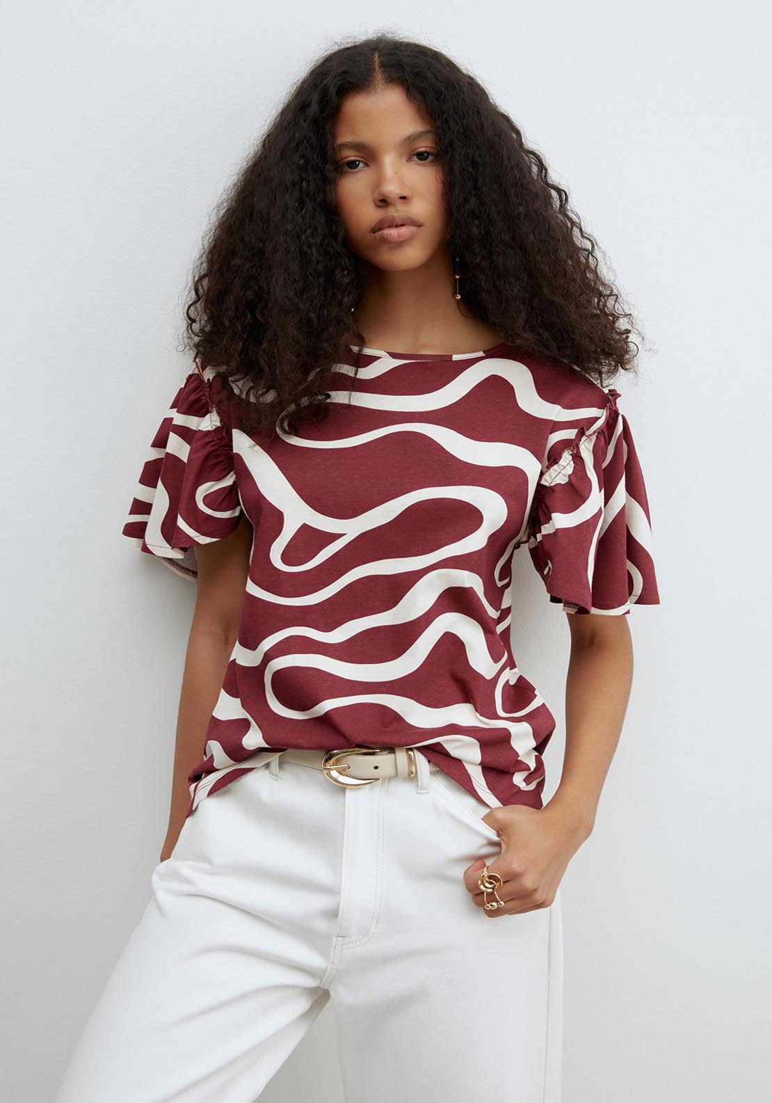 Sfera Short Sleeve Printed Ruffle Top - Burgundy 1 Shaws Department Stores
