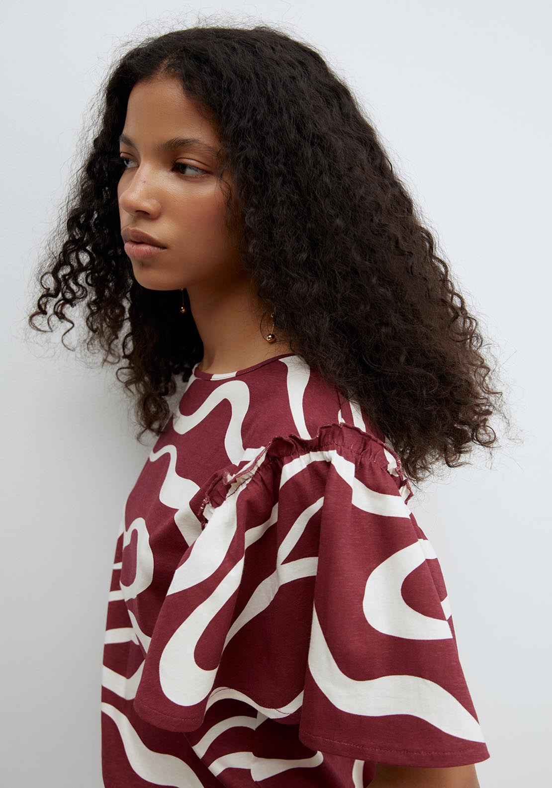 Sfera Short Sleeve Printed Ruffle Top - Burgundy 4 Shaws Department Stores