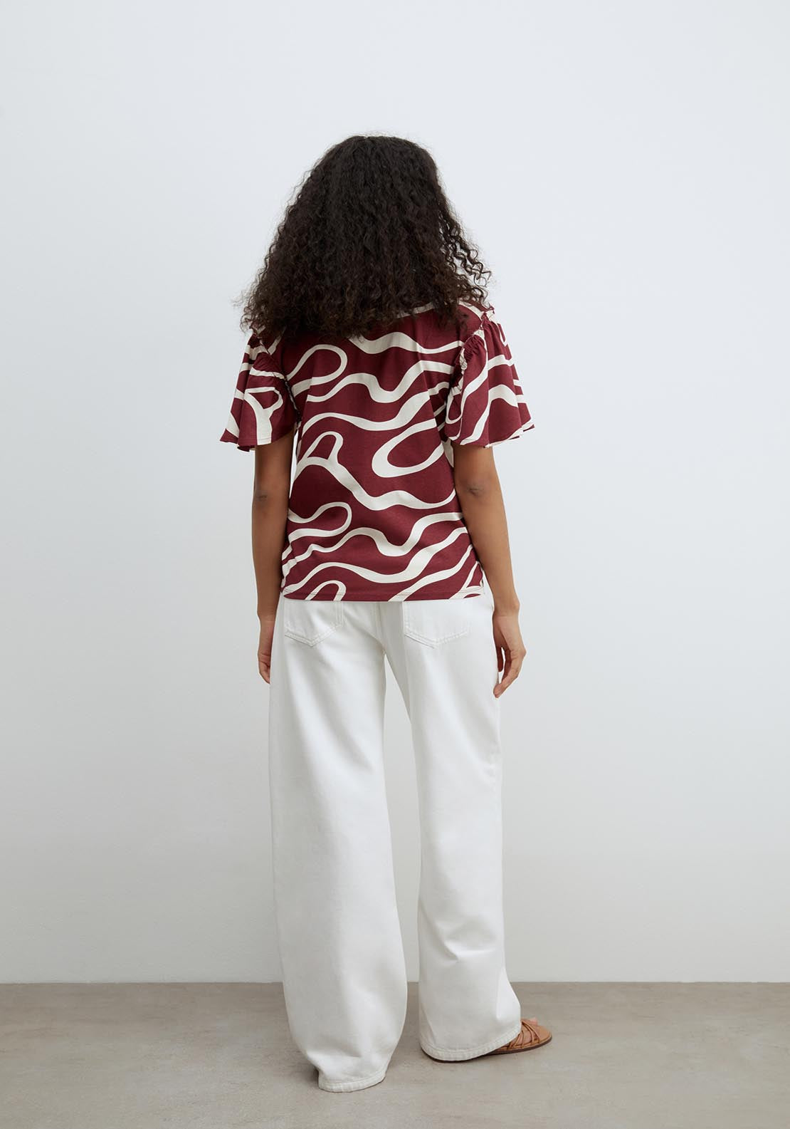 Sfera Short Sleeve Printed Ruffle Top - Burgundy 2 Shaws Department Stores