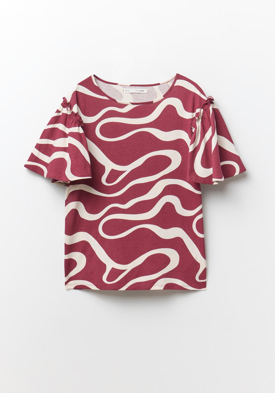 Sfera Short Sleeve Printed Ruffle Top - Burgundy 6 Shaws Department Stores