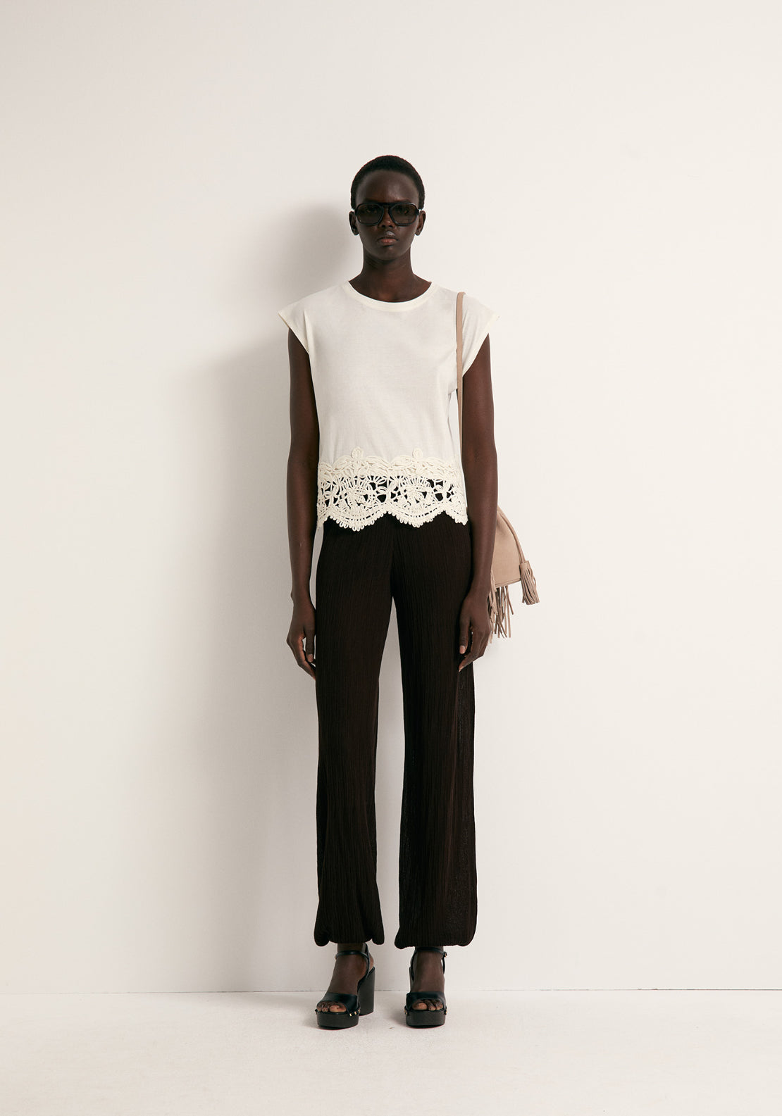 Cotton Crochet Hem Top - Cream
