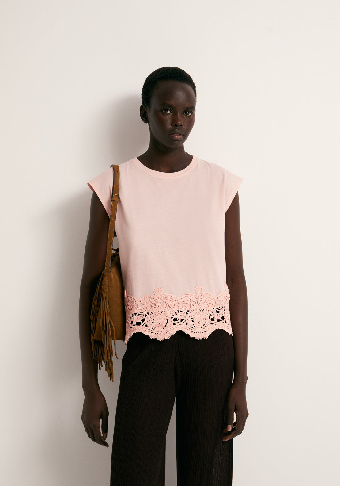 Cotton Crochet Hem Top - Pink