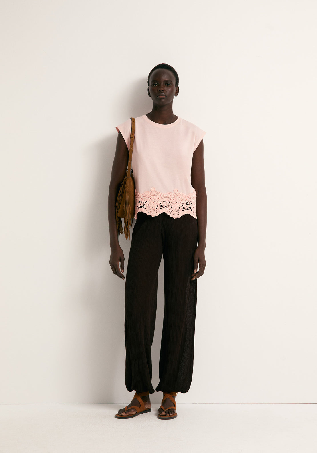 Cotton Crochet Hem Top - Pink