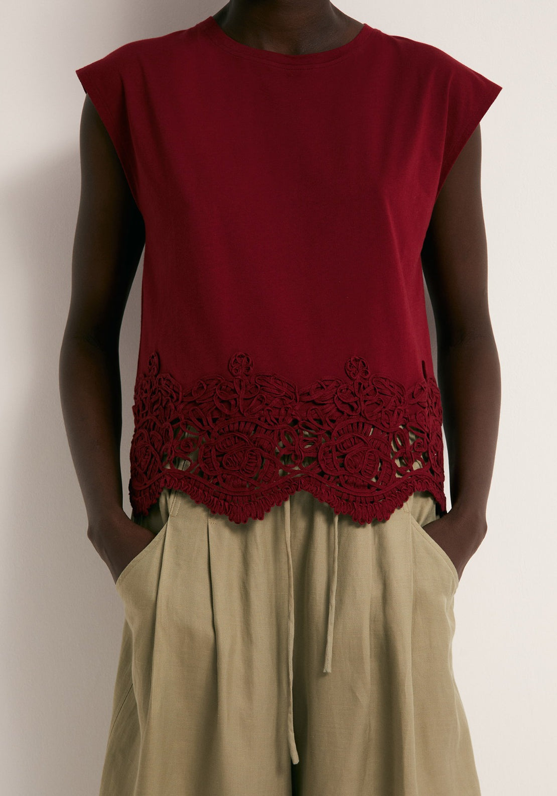 Cotton Crochet Hem Top - Red