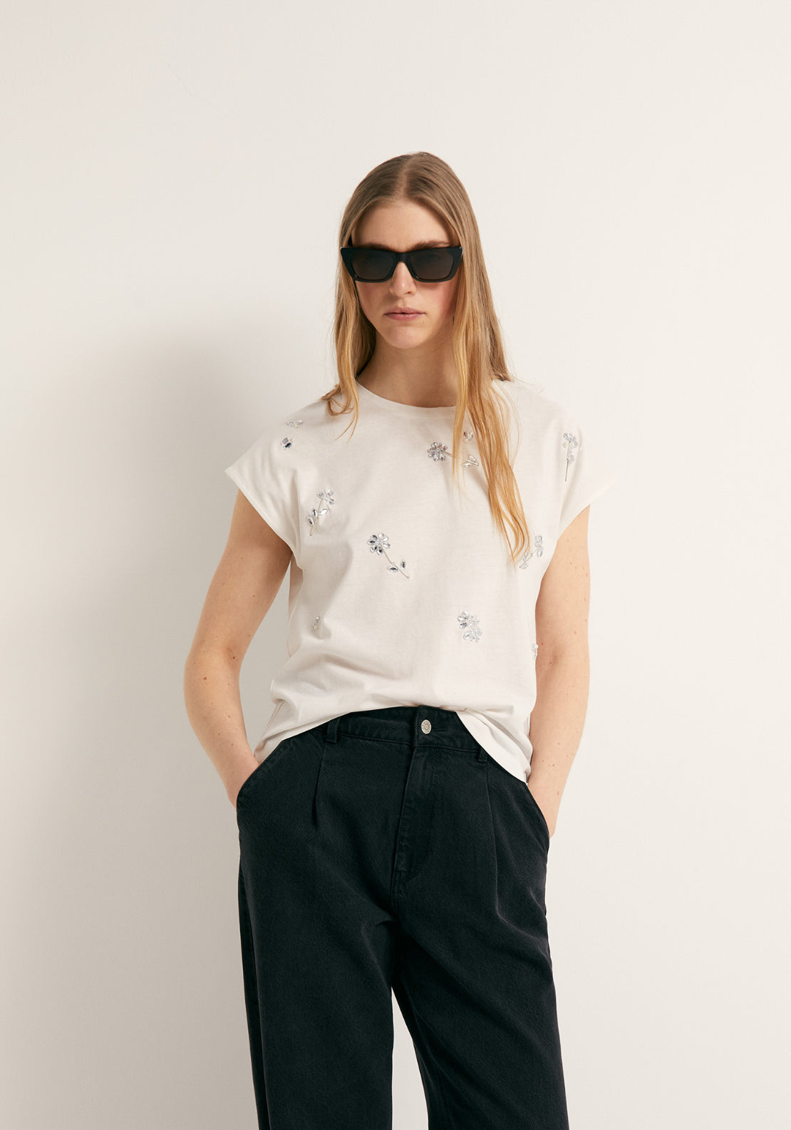 Rhinestone Detail Cotton T-Shirt - White