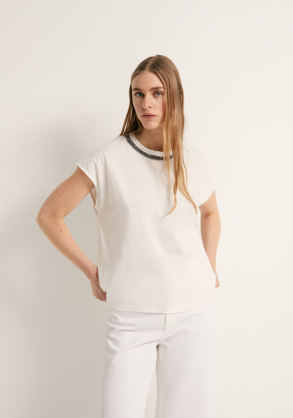 Rhinestone Detail Cotton T-Shirt - Cream