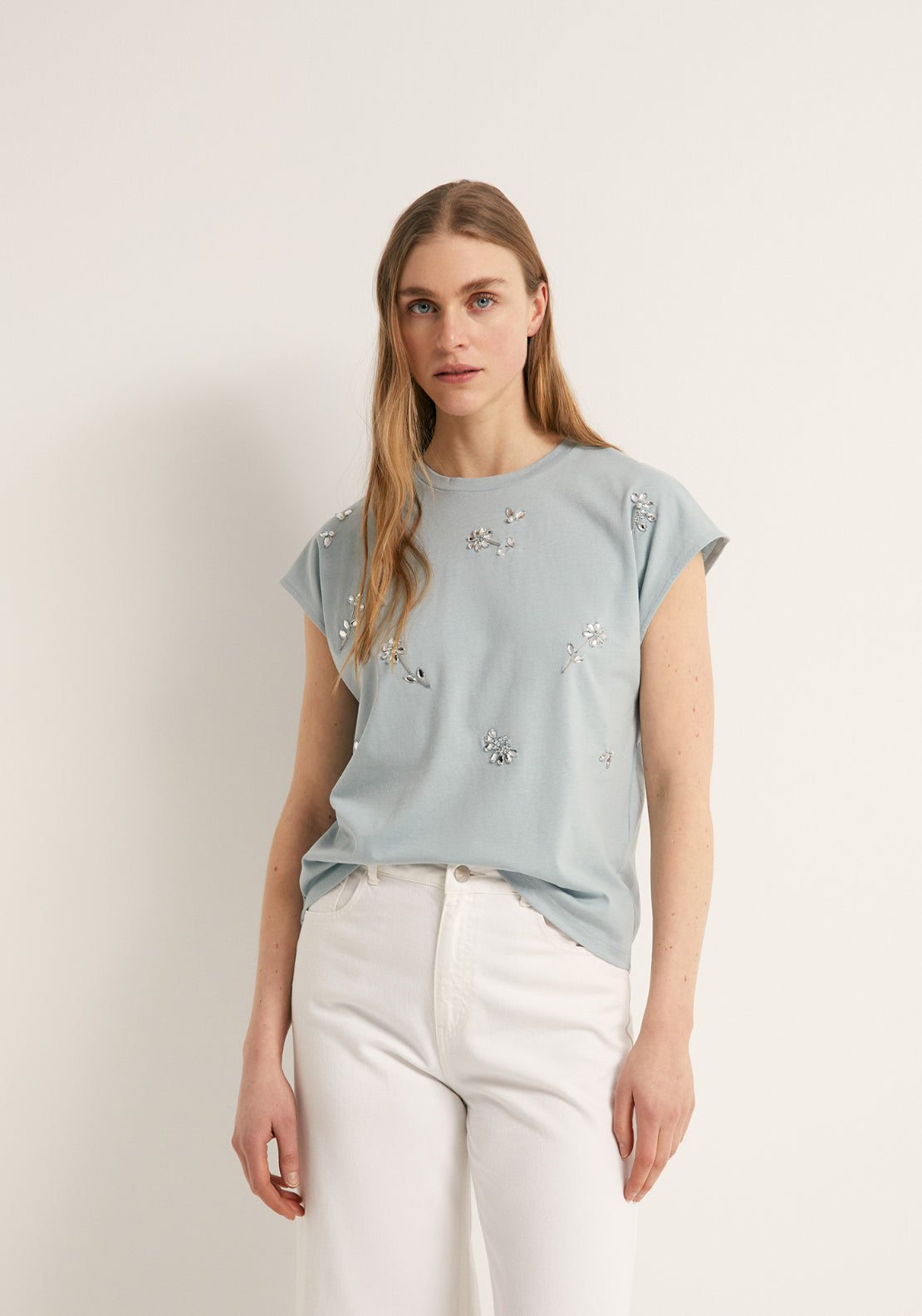 Rhinestone Detail Cotton T-Shirt - Blue