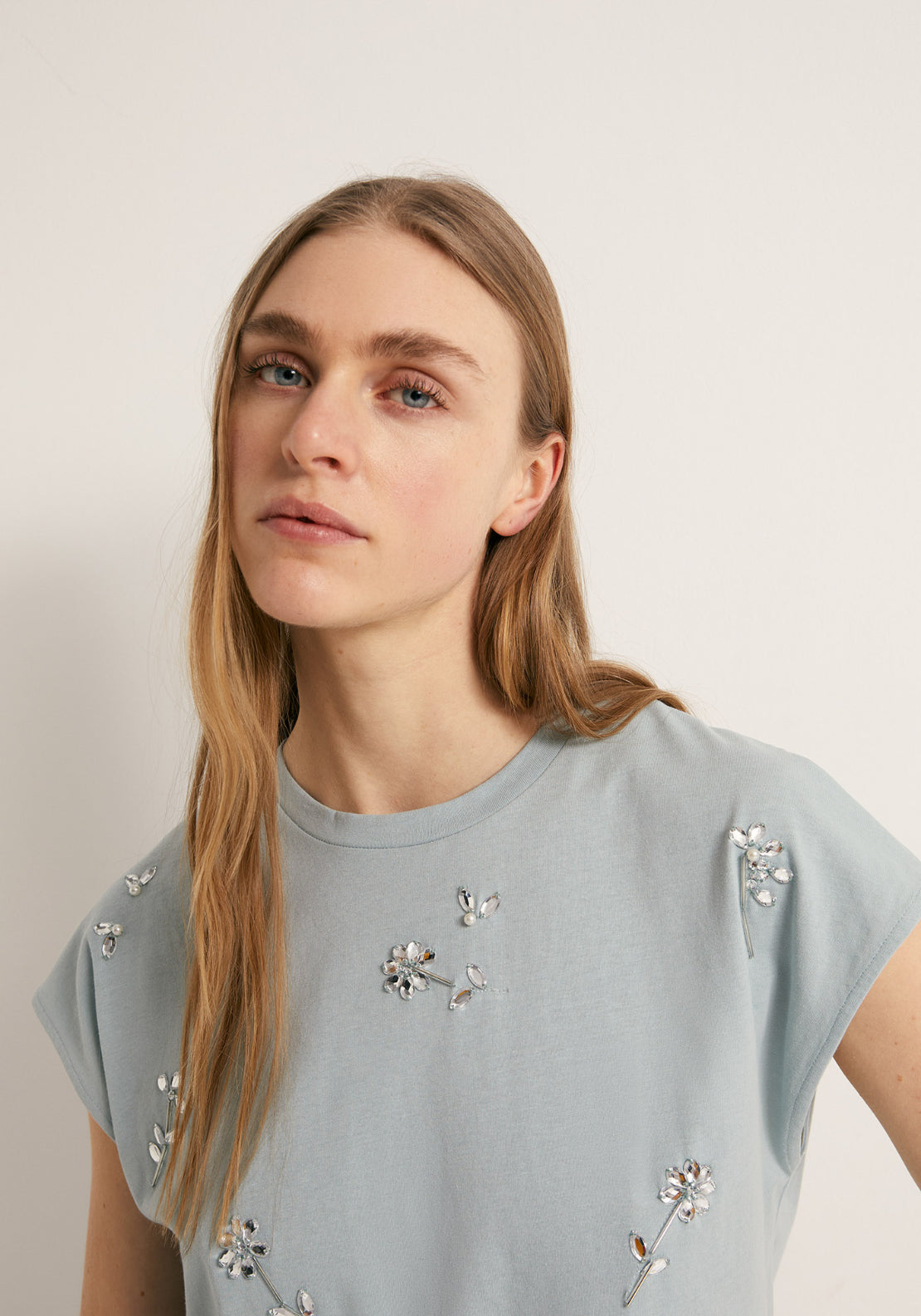 Rhinestone Detail Cotton T-Shirt - Blue