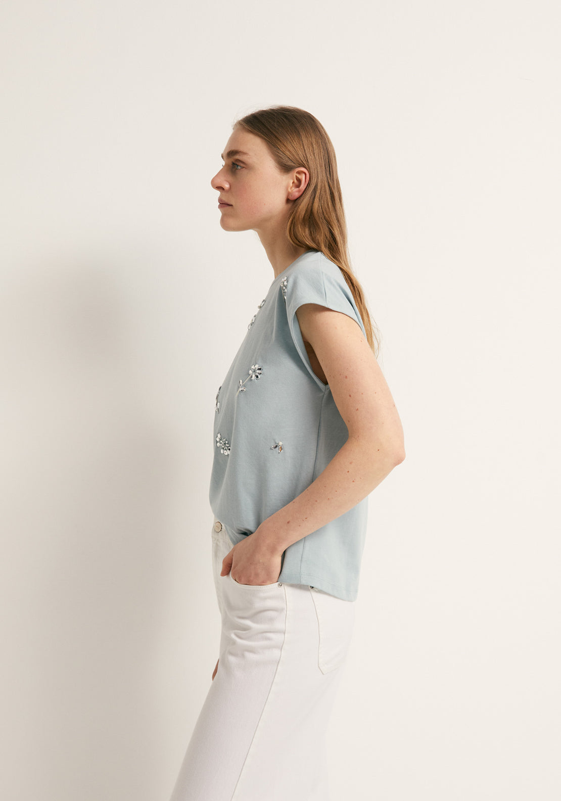 Rhinestone Detail Cotton T-Shirt - Blue