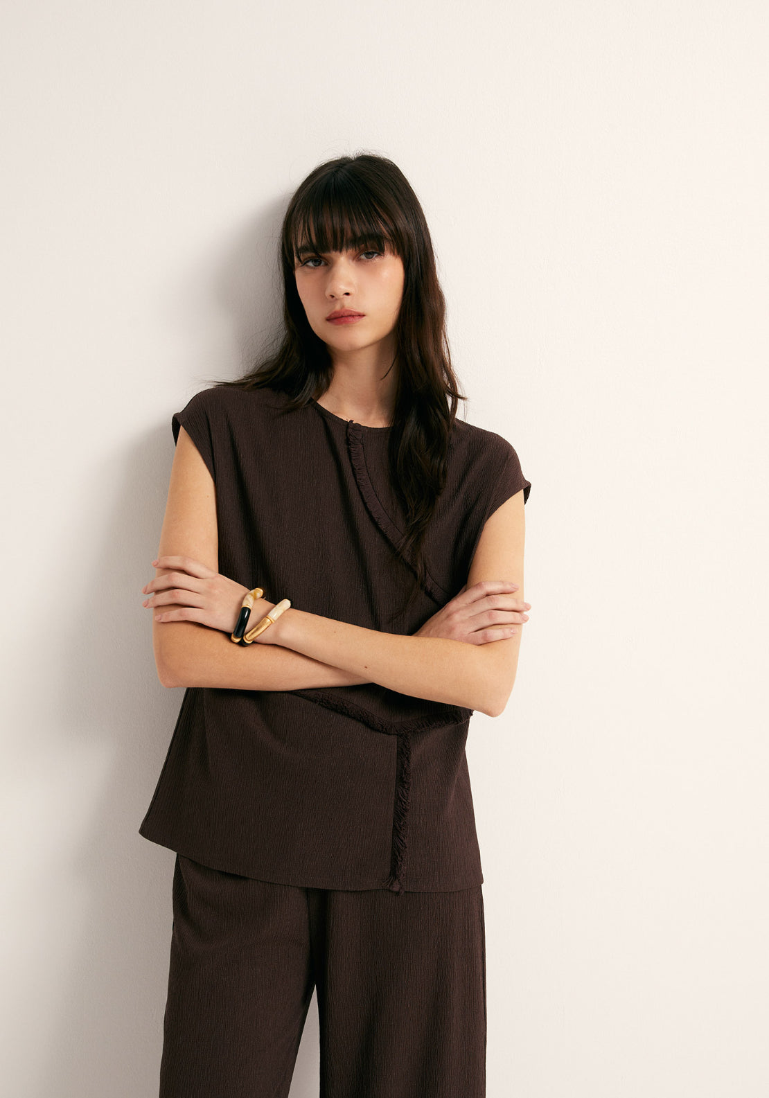 Frayed Trim Top - Brown