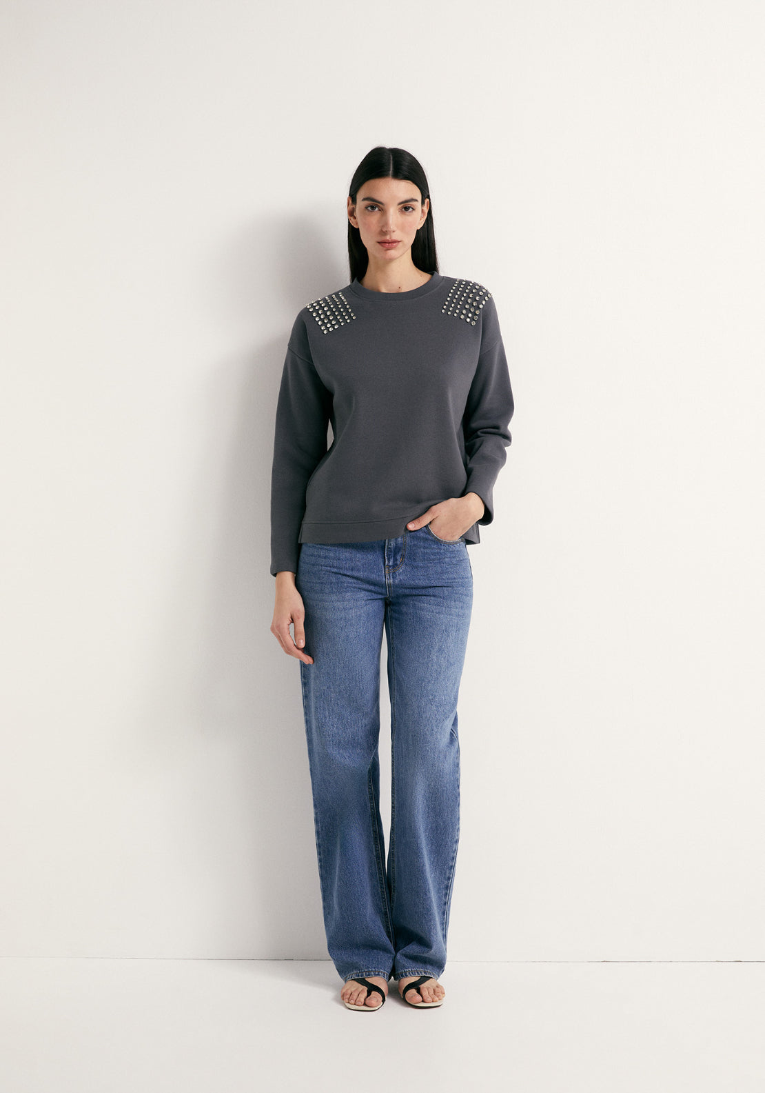 Rhinestone Shoulder Detail Sweatshirt - Grey