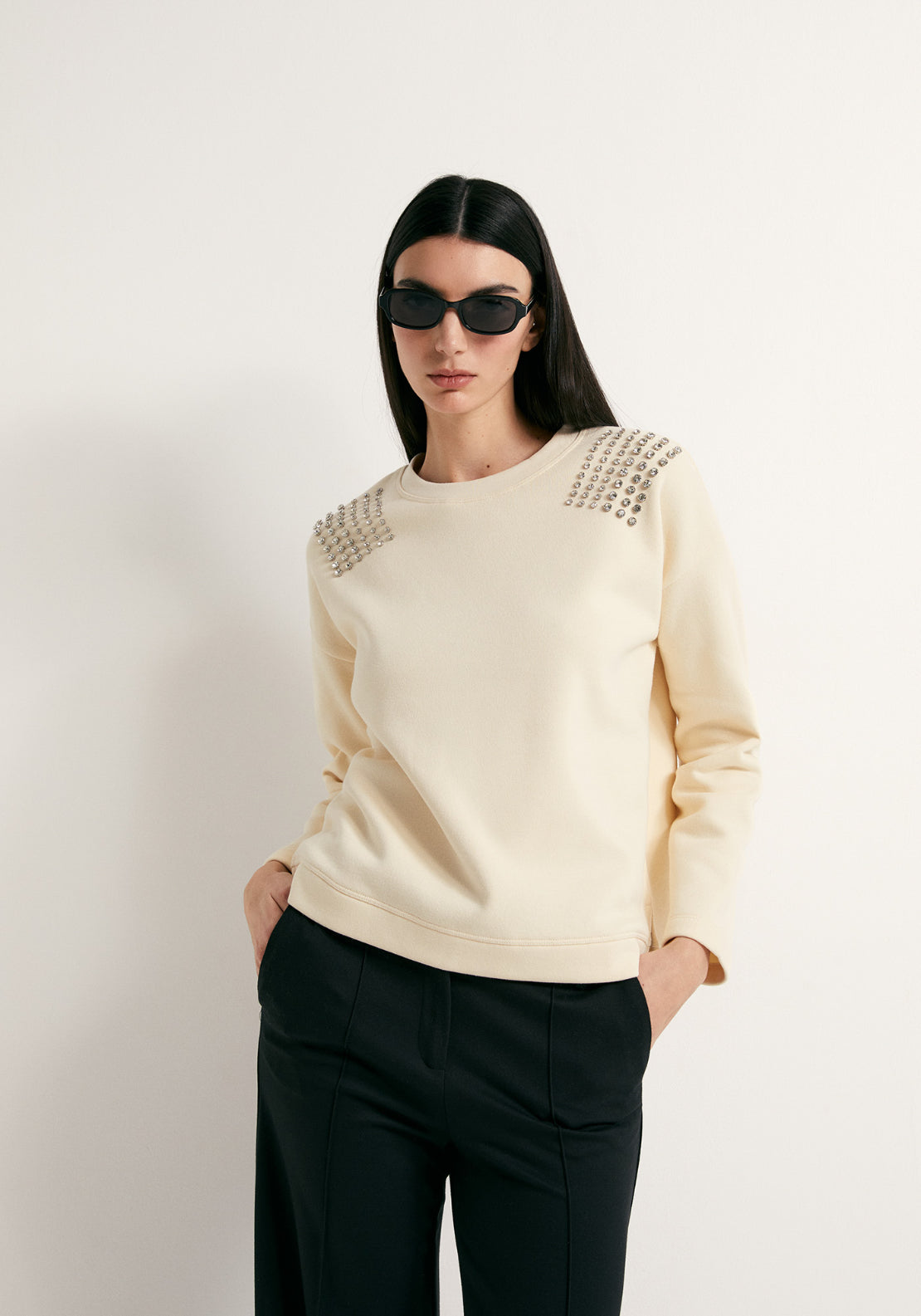 Rhinestone Shoulder Detail Sweatshirt - Cream