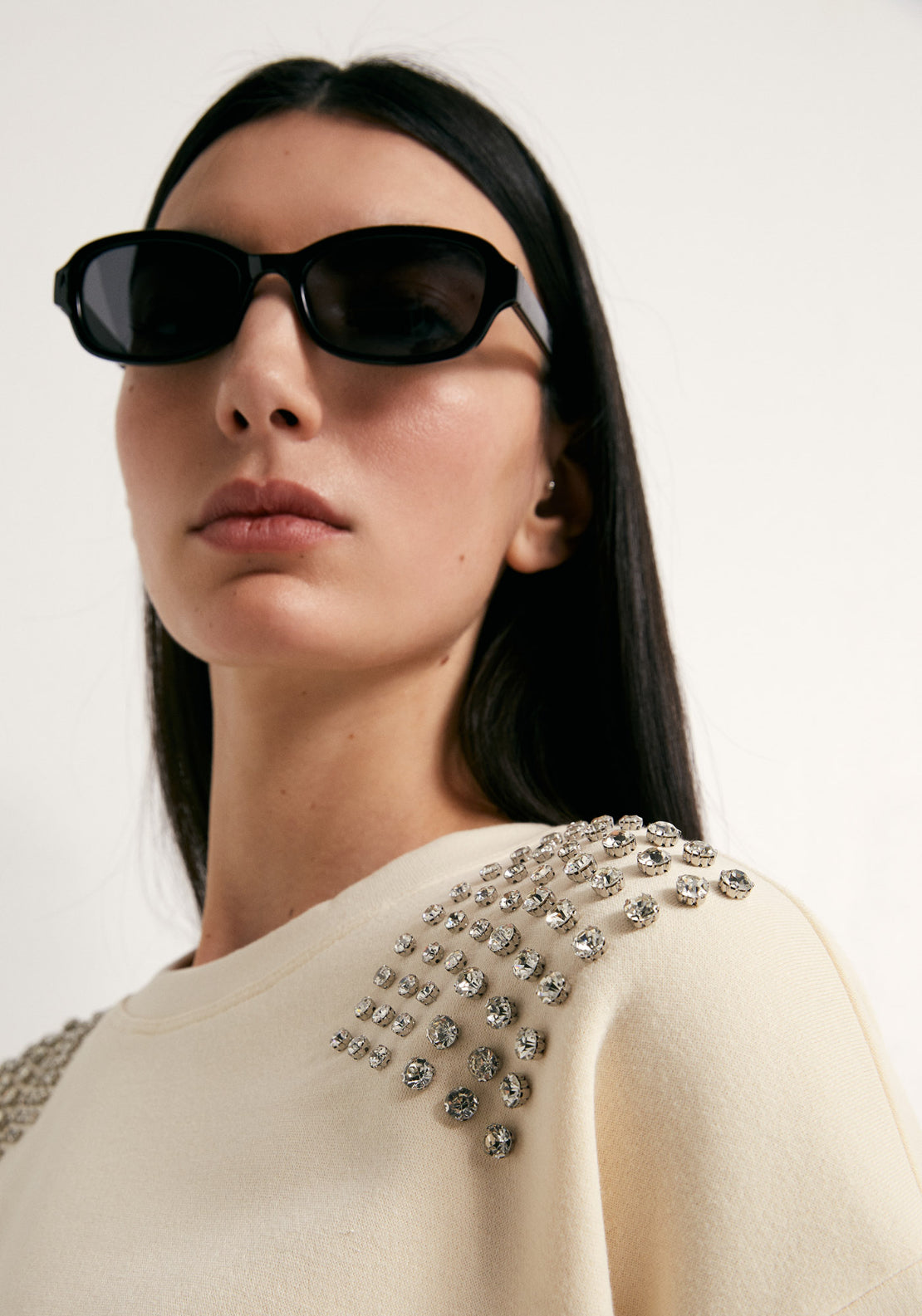 Rhinestone Shoulder Detail Sweatshirt - Cream