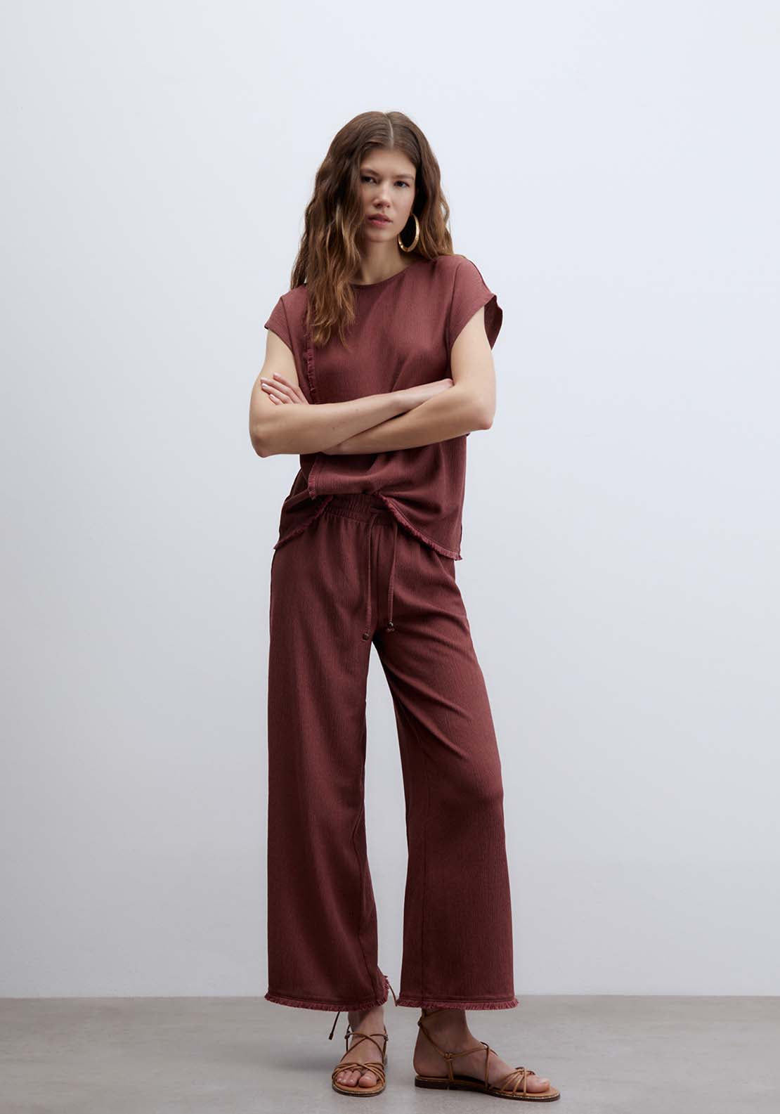 Fringe Hem Textured Trousers - Red