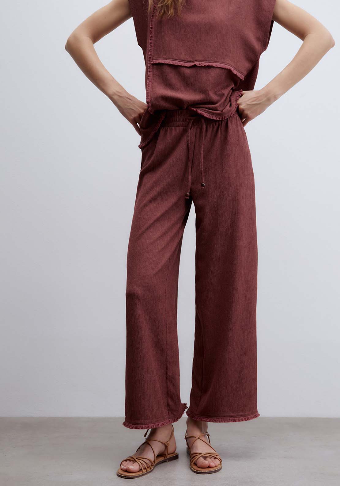 Fringe Hem Textured Trousers - Red