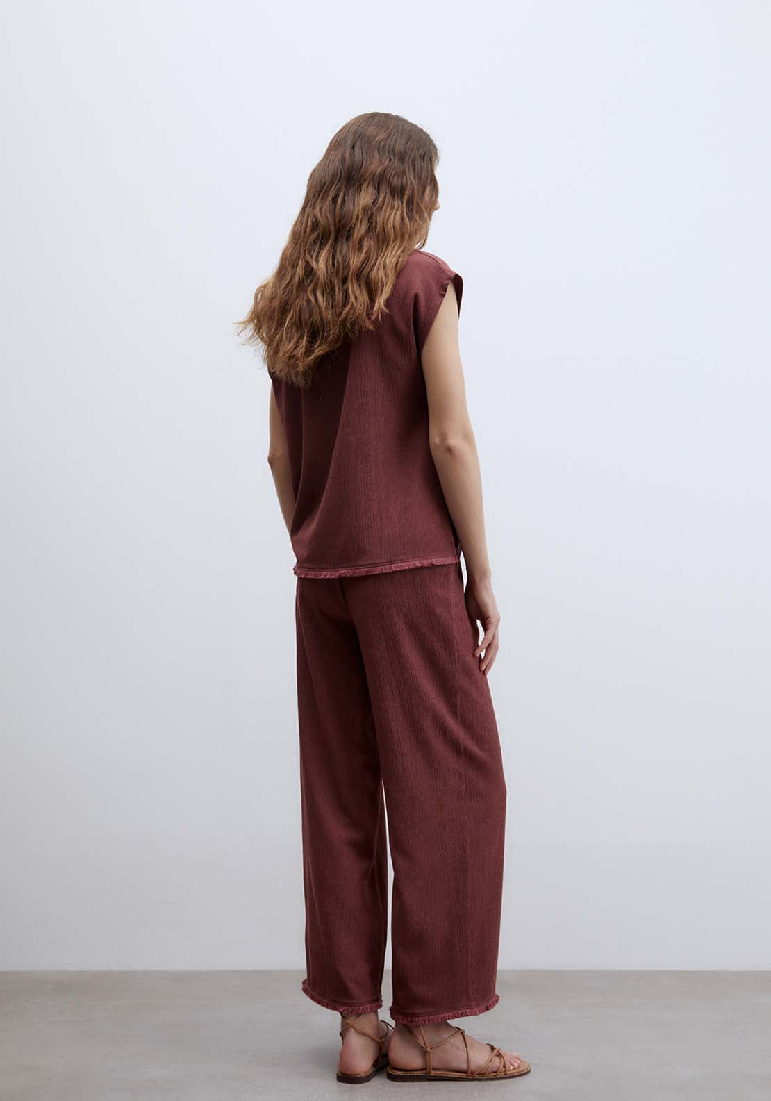 Fringe Hem Textured Trousers - Red