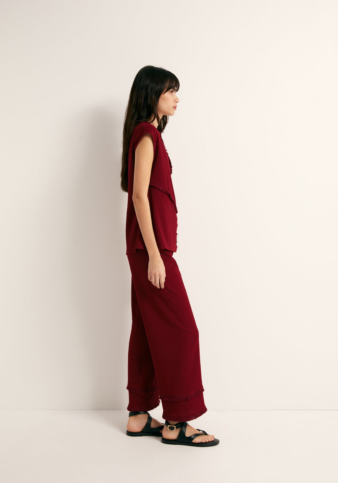 Frayed Cuff Trousers - Red