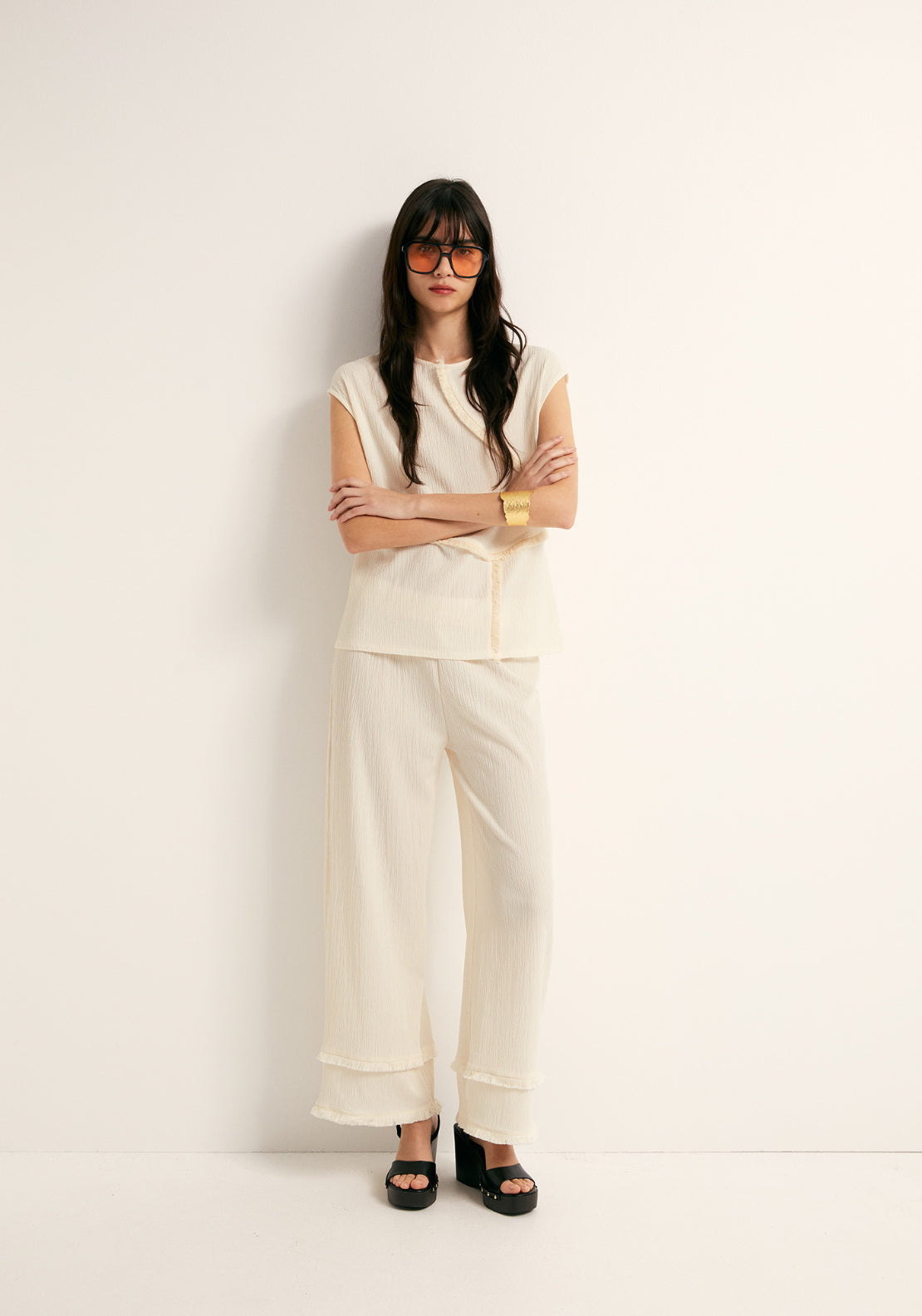 Frayed Cuff Trousers - Cream