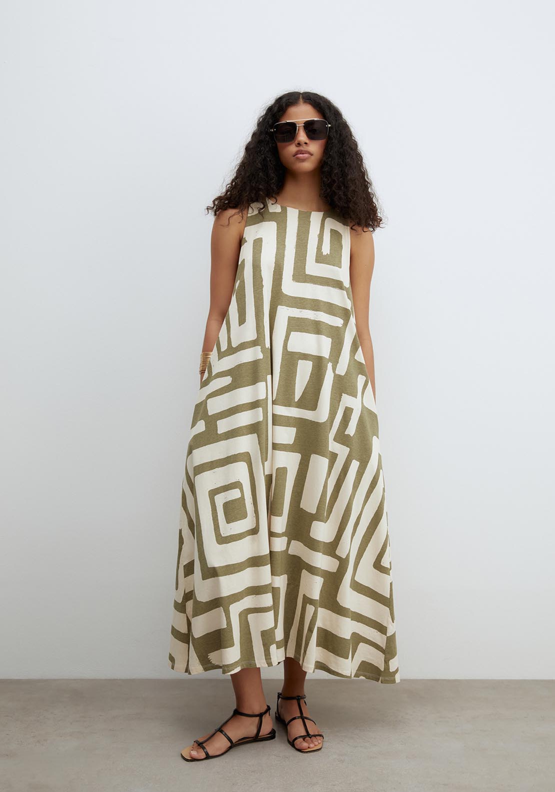Sfera Printed A Line Dress - Khaki 1 Shaws Department Stores